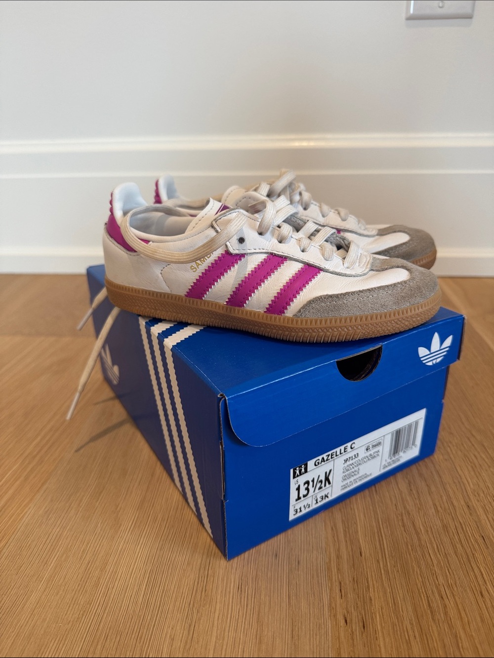 Little girls adidas Gazelle Sneakers in White and Pink with Gum Sole